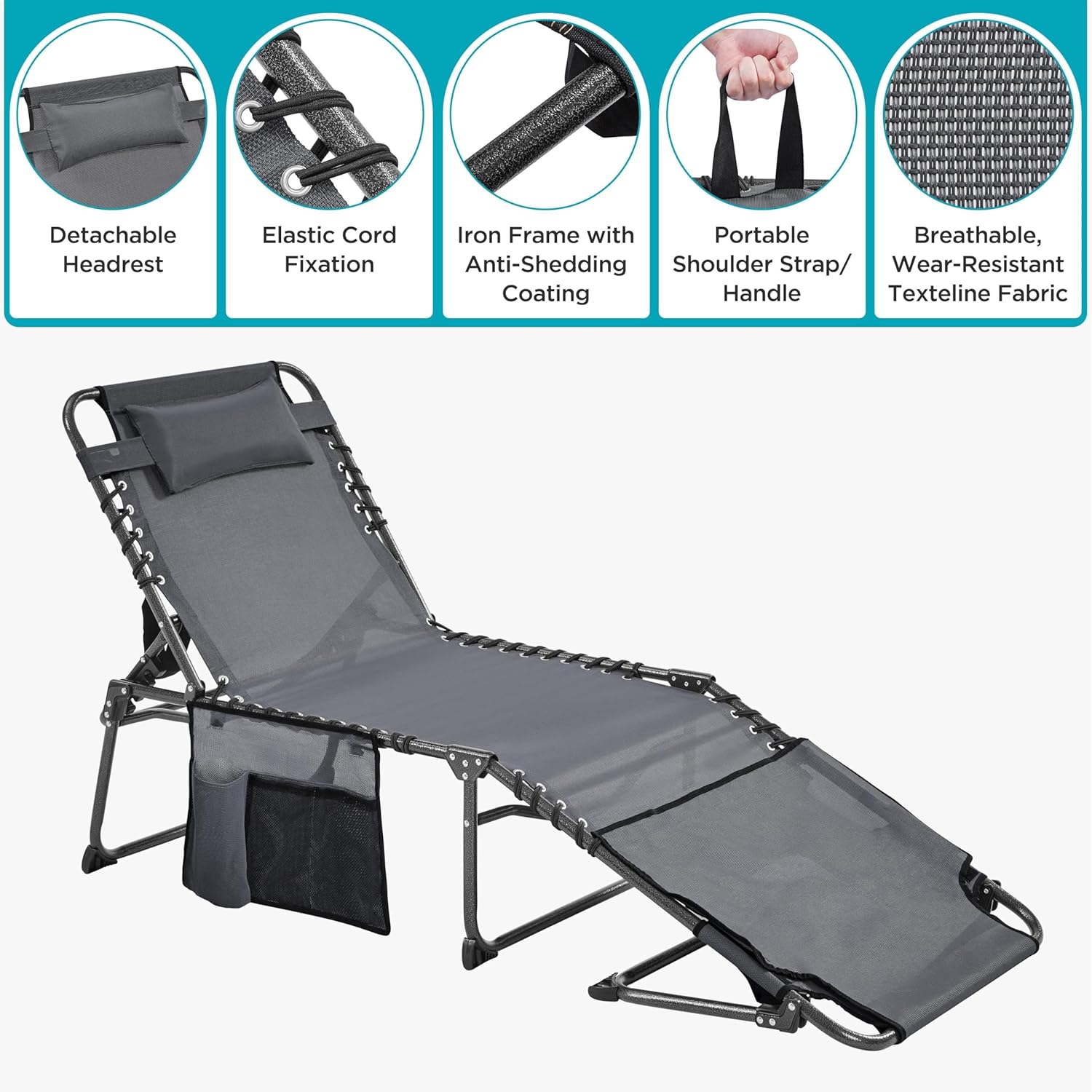Yaheetech 5 Position Folding Tanning Chair, Outdoor Chaise Lounge Chair with Pad for Beach Patio Poolside Lawn(Gray)