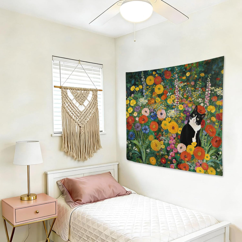 gsgfdshf Gustav Klimt Inspired Tuxedo Cat Wall Tapestry, Cat Room Decor, Colorful Floral Black and White Kitty Tapestry Wall Hanging for Bedroom Living Room Home Decor, 50x60 Inch