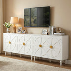 RoyalCraft Buffet Cabinet with Storage, Vintage Sideboard with Ship Wheel Pattern and 4 Doors, Wood Credenza Coffee Bar Table with Solid Wood Legs for Kitchen, Dining Room, Living Room, White