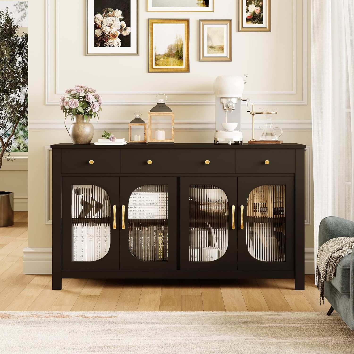 Sideboard Buffet Cabinet with Storage, 56" Buffet Table Coffee Bar Cabinet with Drawers and Glass Doors for Kitchen