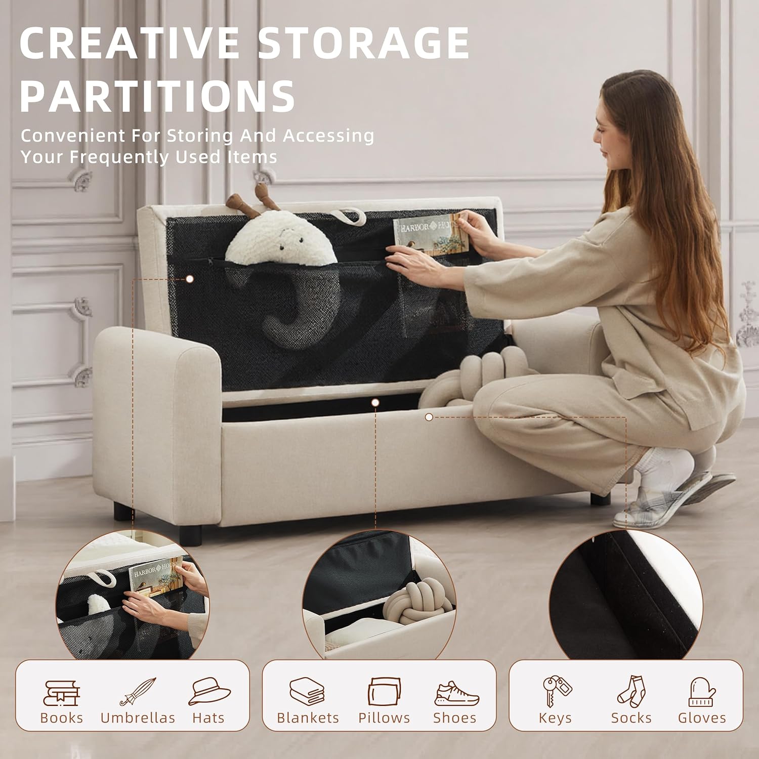 48" Ottoman with Storage, Tufted Storage Ottoman Bench, Convenient Living Room Fabrics Bench Seat, Entryway Shoe Benches with Inner Zipper & Arm, Rivetless Upholstered Window Seat Ottomans, Beige