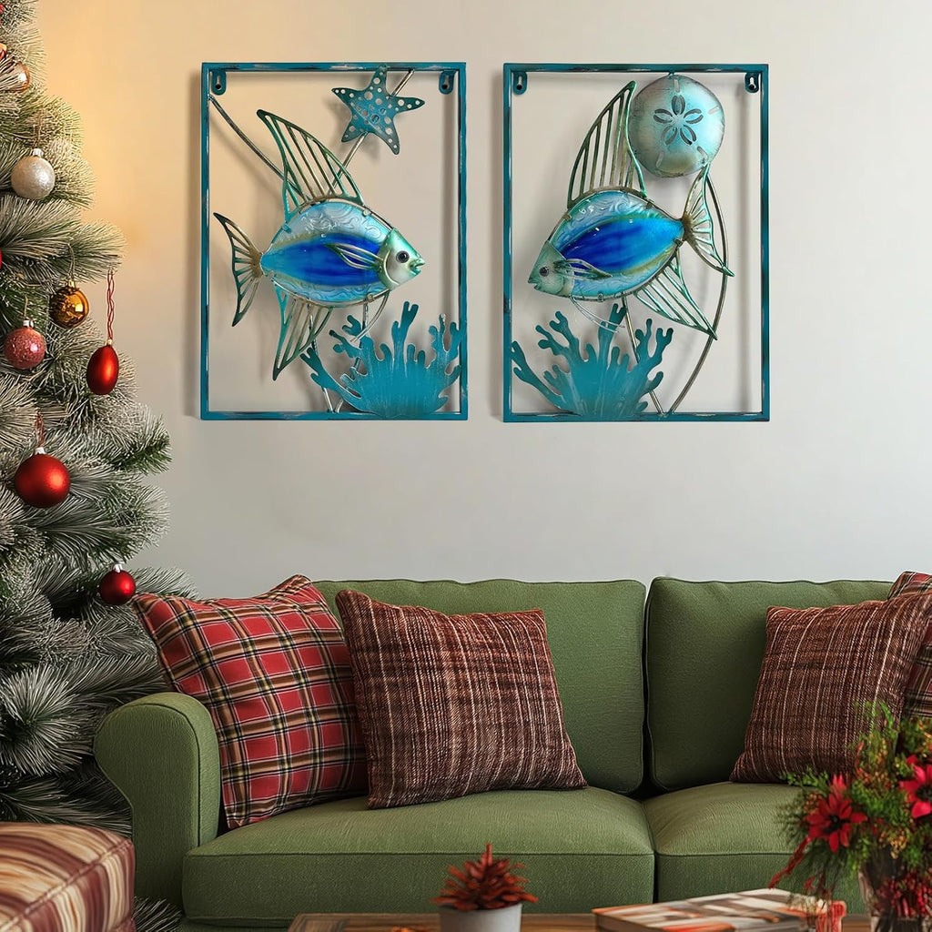LIFFY Metal Fish Wall Decor with Frame-Outdoor Wall Art, Wall Decor with LED Fairy Lights, Fish Glass Art Wall Sculpture for Patio,Beach,Garden,Yard,Pool,home gift(2pcs, Blue)