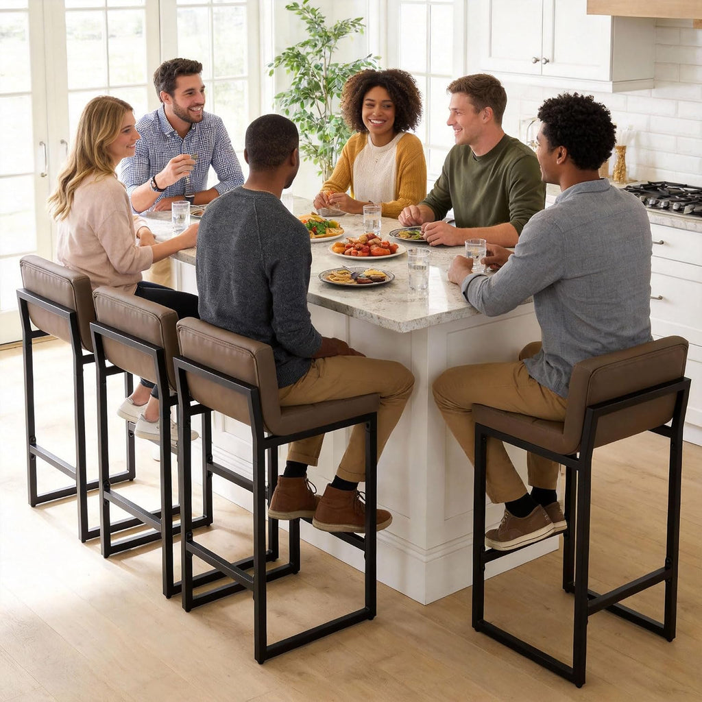 FIRAVOE Counter Height Bar Stools Set of 4, Upholstered Barstools with Back, Bar Chairs with Thickened Metal Legs, PU Leather Counter Stools for Kitchen Island (Coffee Brown, 4Pcs 26" Counter Stools)
