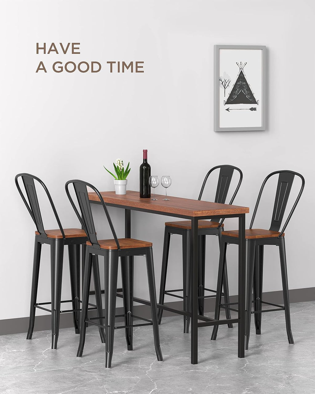 Aiho Bar Stools 30” Dining Chairs Outdoor Patio Bistro Set of 2 Metal Height Bar Stools with Wood Seat and Removable Backrest, Gloss Black
