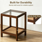 wanan Solid Wood End Tables Set of 2, Boho Rattan Nightstand with Glass Top & 2-Tier Storage Shelves, Mid-Century Modern Accent Table for Small Spaces, 18"x18"x22"