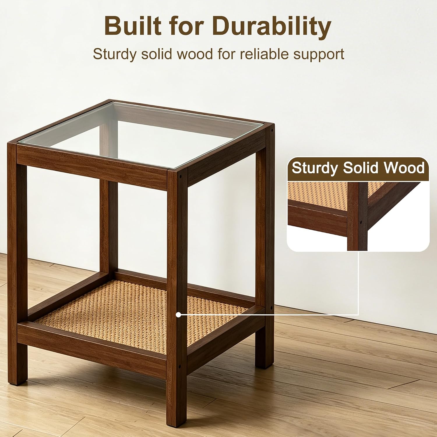 wanan Solid Wood End Tables Set of 2, Boho Rattan Nightstand with Glass Top & 2-Tier Storage Shelves, Mid-Century Modern Accent Table for Small Spaces, 18"x18"x22"