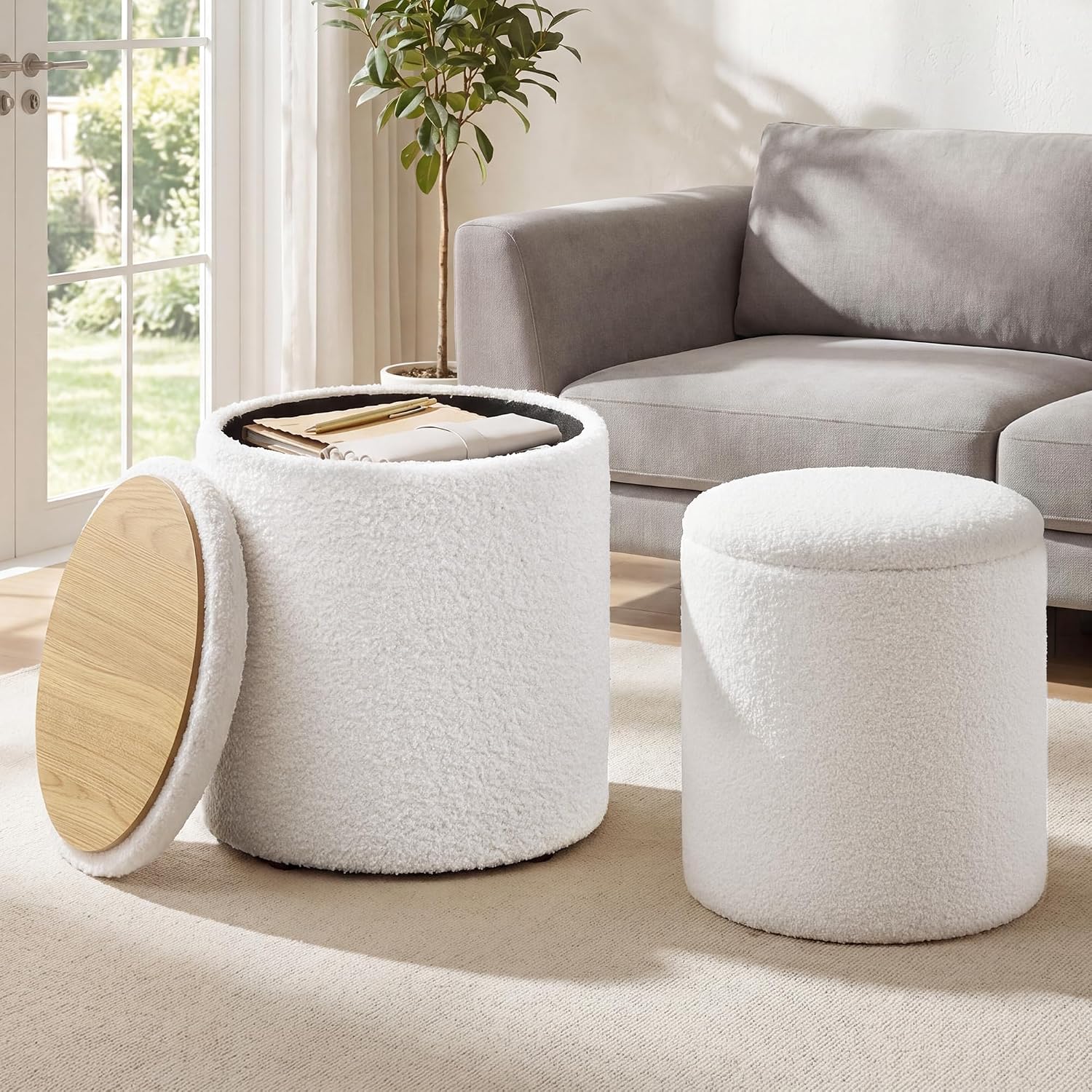SONGMICS Vanity Stool, Set of 2, Round Storage Ottoman, Small Ottoman Coffee Table, Foot Stool, Removable Lid, for Living Room, Bedroom, Hallway, Easy Assembly, Teddy Fleece, Cream White ULOM013WD01