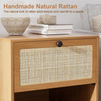 XIAO WEI Natural Rattan Nightstand Set of 2, Boho Night Stand with Drawer and Open Shelf, Bedside Table Accent Cane End Table Side Table for Bedroom Living Room, Metal Legs/Small/Light Brown
