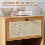 XIAO WEI Rattan Nightstand Set of 2, Boho Bedside Table with 2 Drawers | Natural Rattan End Table Side Table for Bedroom, Living Room
