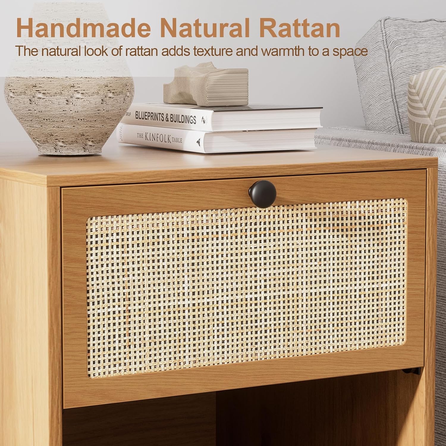 XIAO WEI Rattan Nightstand Set of 2, Boho Bedside Table with 2 Drawers | Natural Rattan End Table Side Table for Bedroom, Living Room