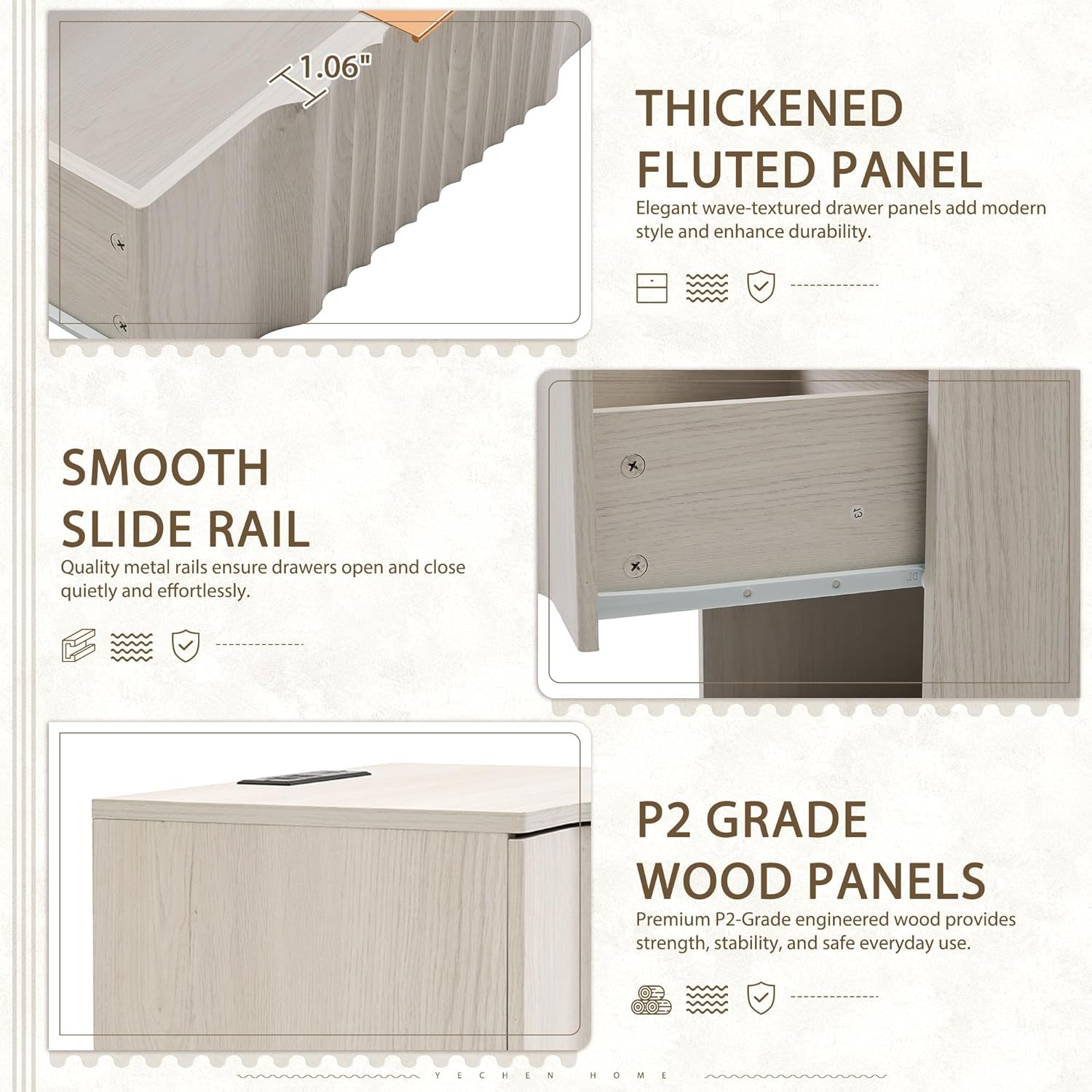 Yechen Fluted Nightstand Set of 2 with Ultra-Fast Charging Station, White | Large Drawers, FSC-Certified Wooden Board, Unique Fluted Profile, Metal Handle, Mid Century Modern Bedside Table for Bedroom