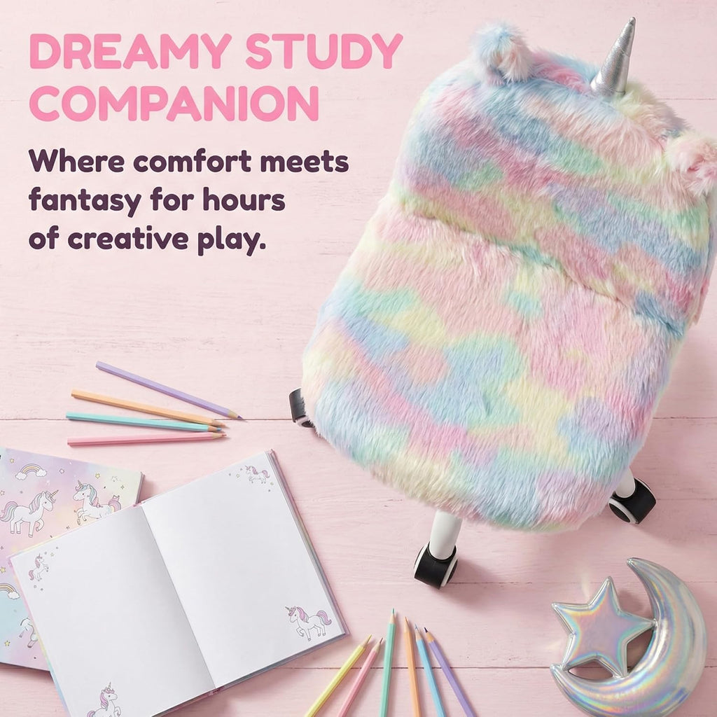 Cute Fuzzy Kids Chair Funny Rolling Study Desk Chair Colorful Girls Vanity Swivel Chair with White Foot