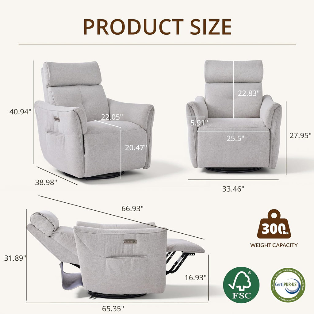 Power Rocking Chair Nursery Glider Recliner with Adjustable Headrest, Dual Motor Chenille Swivel Rocker Recliner Chair with USB Port and Storage Bags, FSC, CertiPUR-US® Certified, Crockery Grey