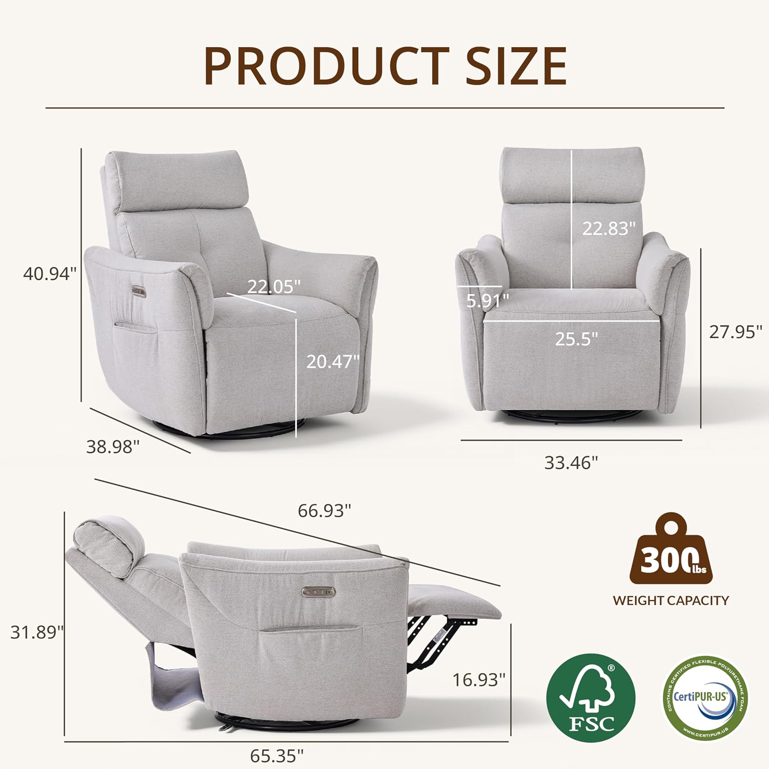 Power Rocking Chair Nursery Glider Recliner with Adjustable Headrest, Dual Motor Chenille Swivel Rocker Recliner Chair with USB Port and Storage Bags, FSC, CertiPUR-US® Certified, Crockery Grey