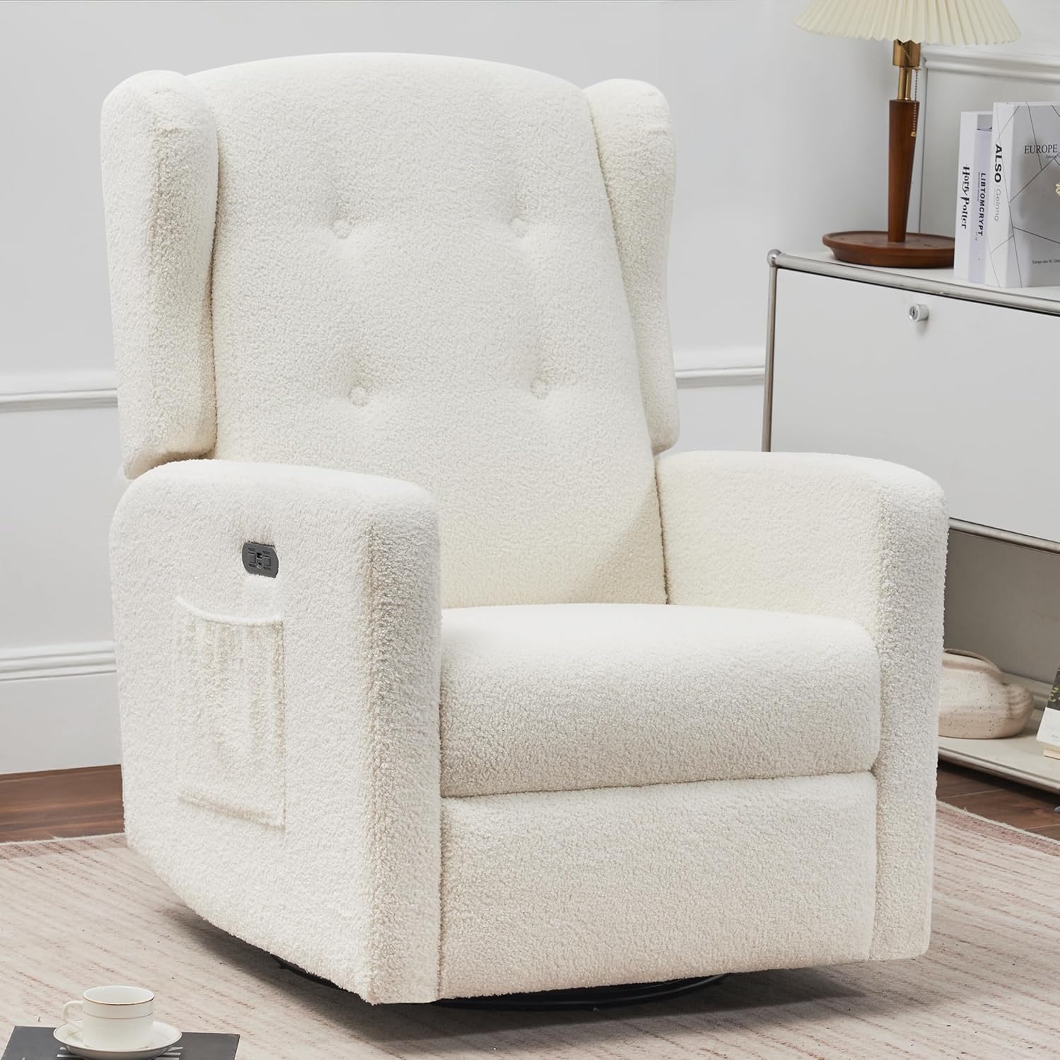 Ketaiyou Power Swivel Rocking Recliner Chair, High Back Electric Rocker Nursery Glider Chair, USB and Type-C Ports, Upholstered Teddy Fabric Reclining Single Sofa Chair for Living Room (Teddy Beige)