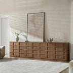 VividVibe Buffet Cabinet Sideboard with Storage, 93.9”Large 3D Woven Texture Credenza with 6 Pop-up Doors, Long Coffee Bar Cabinet Mid Century Modern for Entryway Living Room Brown Oak