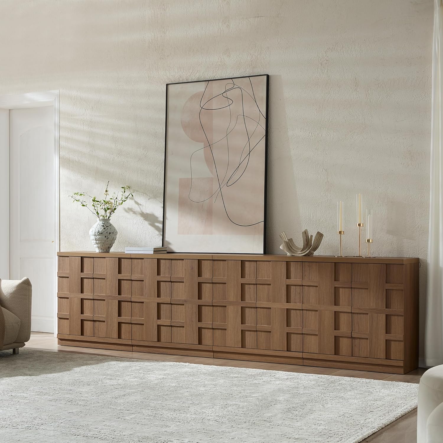 VividVibe Buffet Cabinet Sideboard with Storage, 93.9”Large 3D Woven Texture Credenza with 6 Pop-up Doors, Long Coffee Bar Cabinet Mid Century Modern for Entryway Living Room Brown Oak