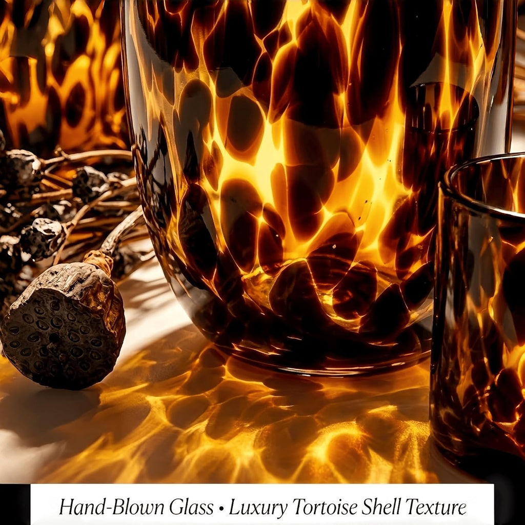 Amber Tortoise Shell Glass Vase & Candle Holder Set of 3, Hand Blown Farmhouse Centerpiece Decor, Vintage Warm Home Decor for Dining Table, Coffee Table, Wedding, Fall
