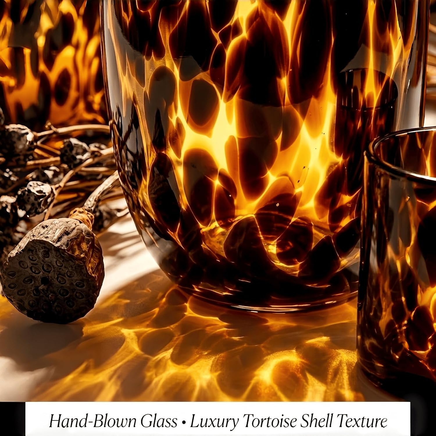 Amber Tortoise Shell Glass Vase & Candle Holder Set of 3, Hand Blown Farmhouse Centerpiece Decor, Vintage Warm Home Decor for Dining Table, Coffee Table, Wedding, Fall