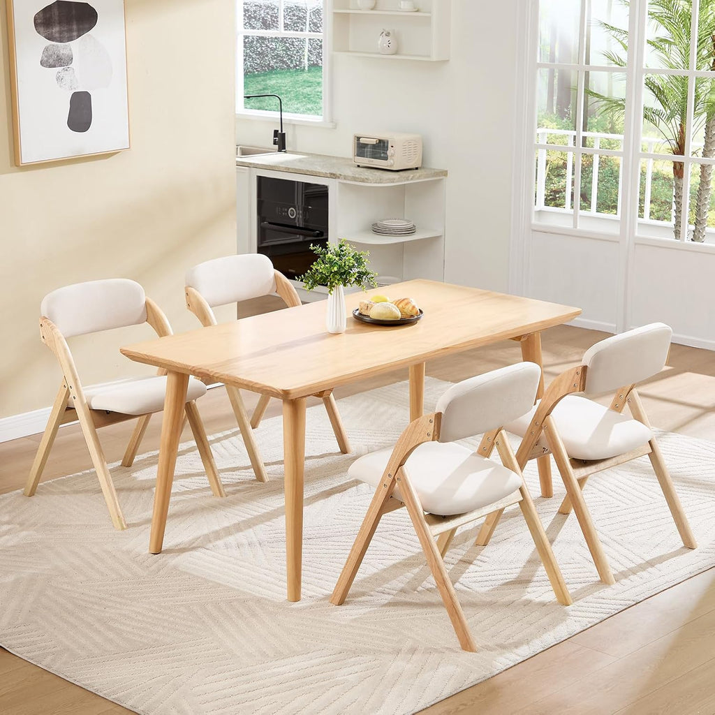 Folding Chairs with Cushion Set of 4,Linen Padded Foldable Dining Chairs, Raw Wooden Folding Dining Chairs, for Dining Rooms, Wedding Parties, Offices Indoor Outdoor Beige