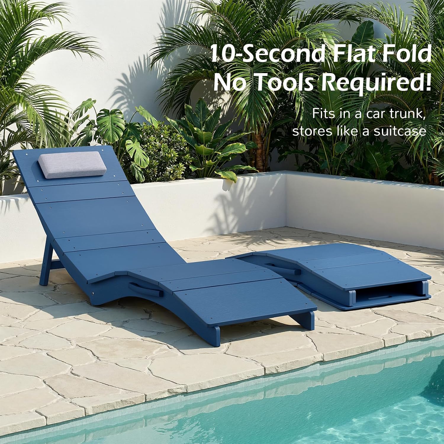 Stoog Folding Pool Lounge Chair, HIPS Outdoor Anti-Floating Recliner with Headrest, Pool Chairs for Hotel, Beach & Sun Decks, Blue