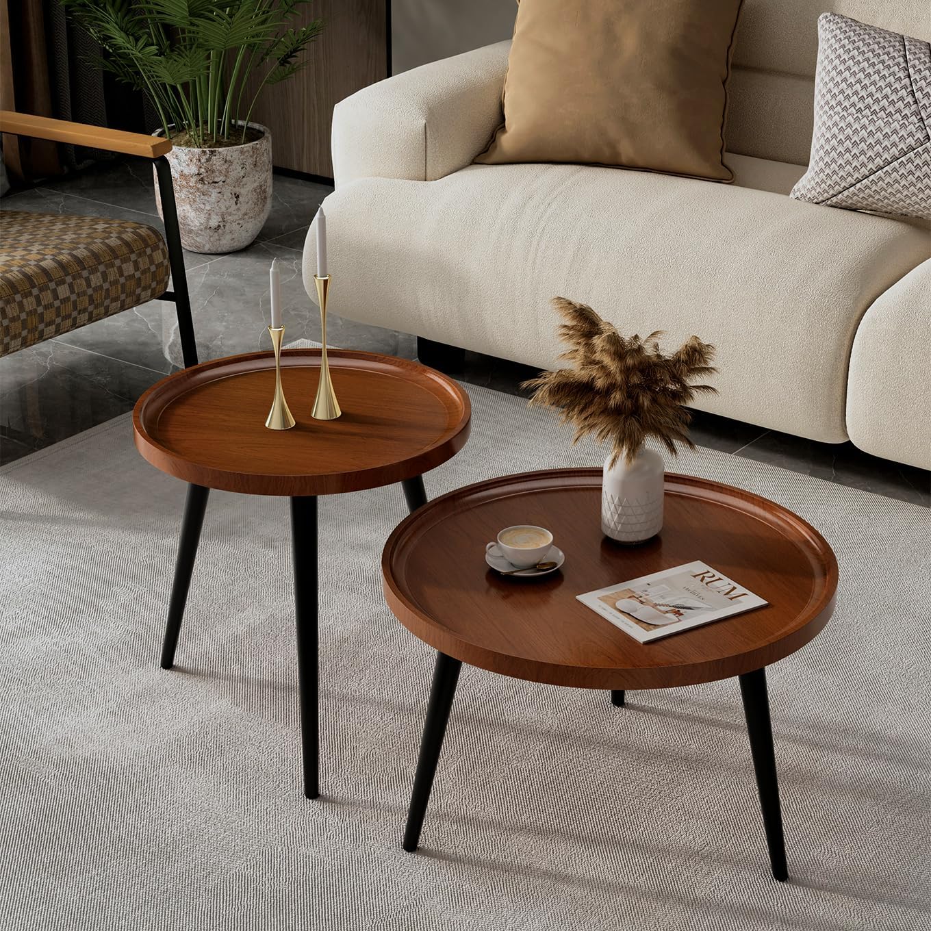 2-Piece Walnut Coffee Table,Durable Mid Century Small Round Coffee Tables for Living Room,Easy Assembly Modern Nesting Coffee Tables Set,Circle Side Tables for Sofa Bedside Balcony