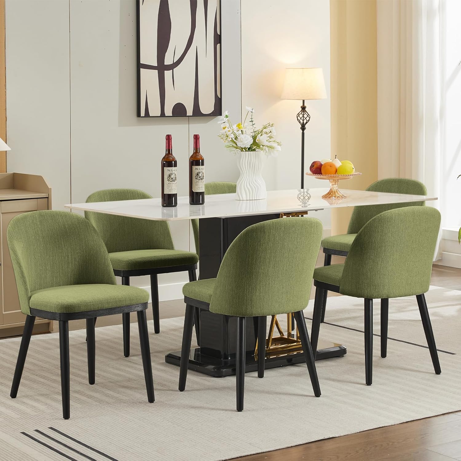 Garvee Wooden Dining Chairs Set of 4, Upholstered Kitchen Dining Room Chair, Modern Linen Fabric Farmhouse Dinner Chair with Leveling Feet/High Backrest Support for Dining Room, Living Room,Green