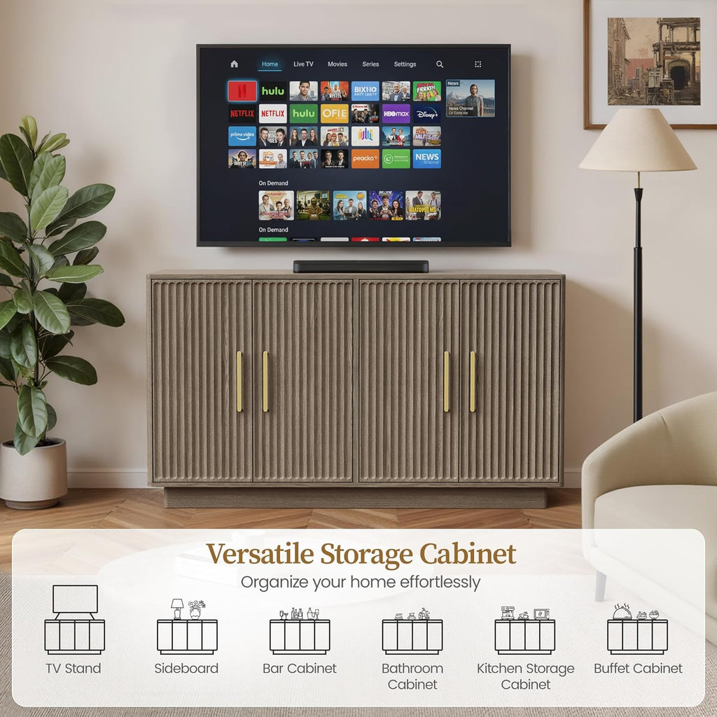 PAPROOS 55" Modern Fluted Sideboard Buffet Cabinet, Space-Saving Storage Credenza for Home Coffee Bar, 4-Door Accent Furniture with Adjustable Shelves for Clutter-Free Living (Brown Gray)