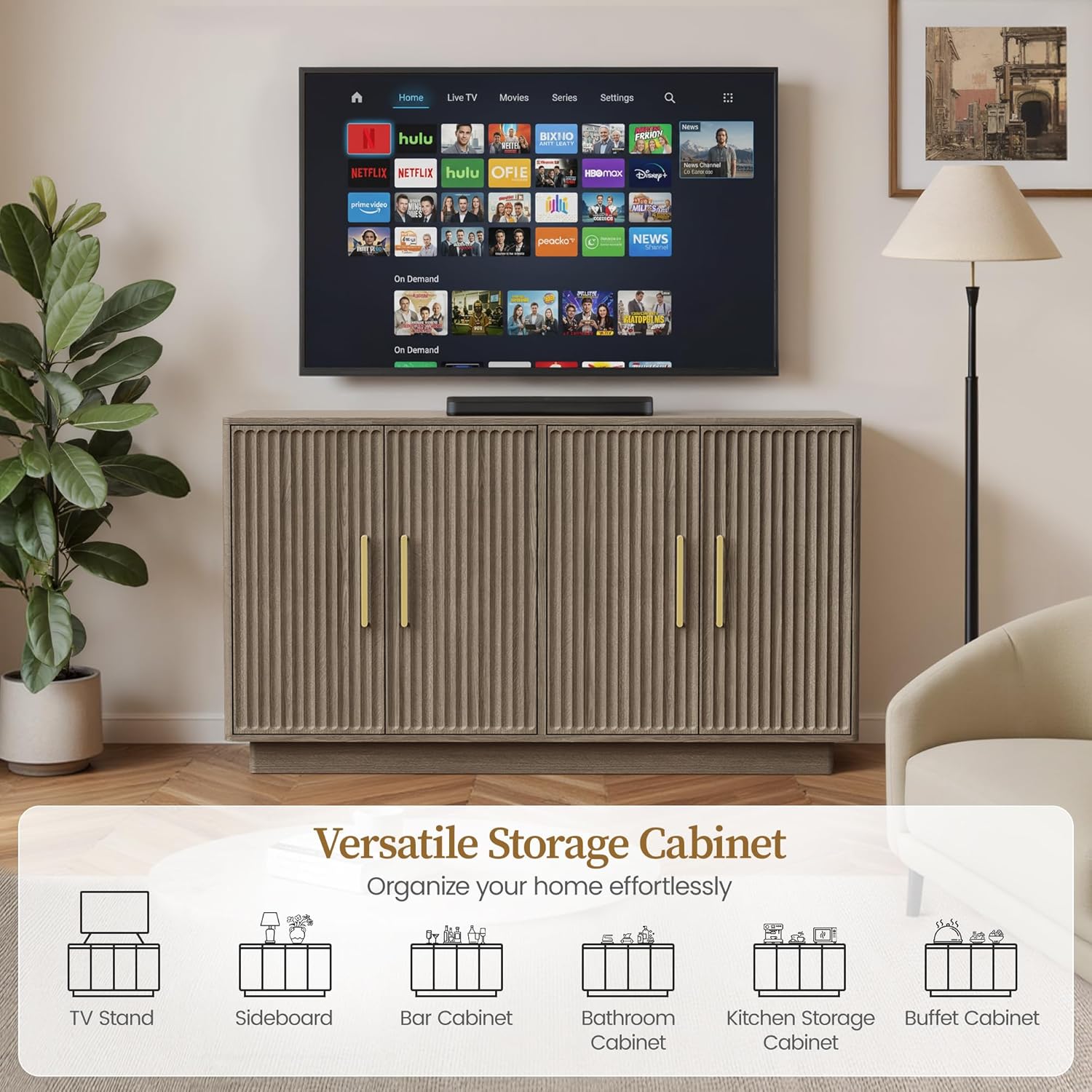 PAPROOS 55" Modern Fluted Sideboard Buffet Cabinet, Space-Saving Storage Credenza for Home Coffee Bar, 4-Door Accent Furniture with Adjustable Shelves for Clutter-Free Living (Brown Gray)