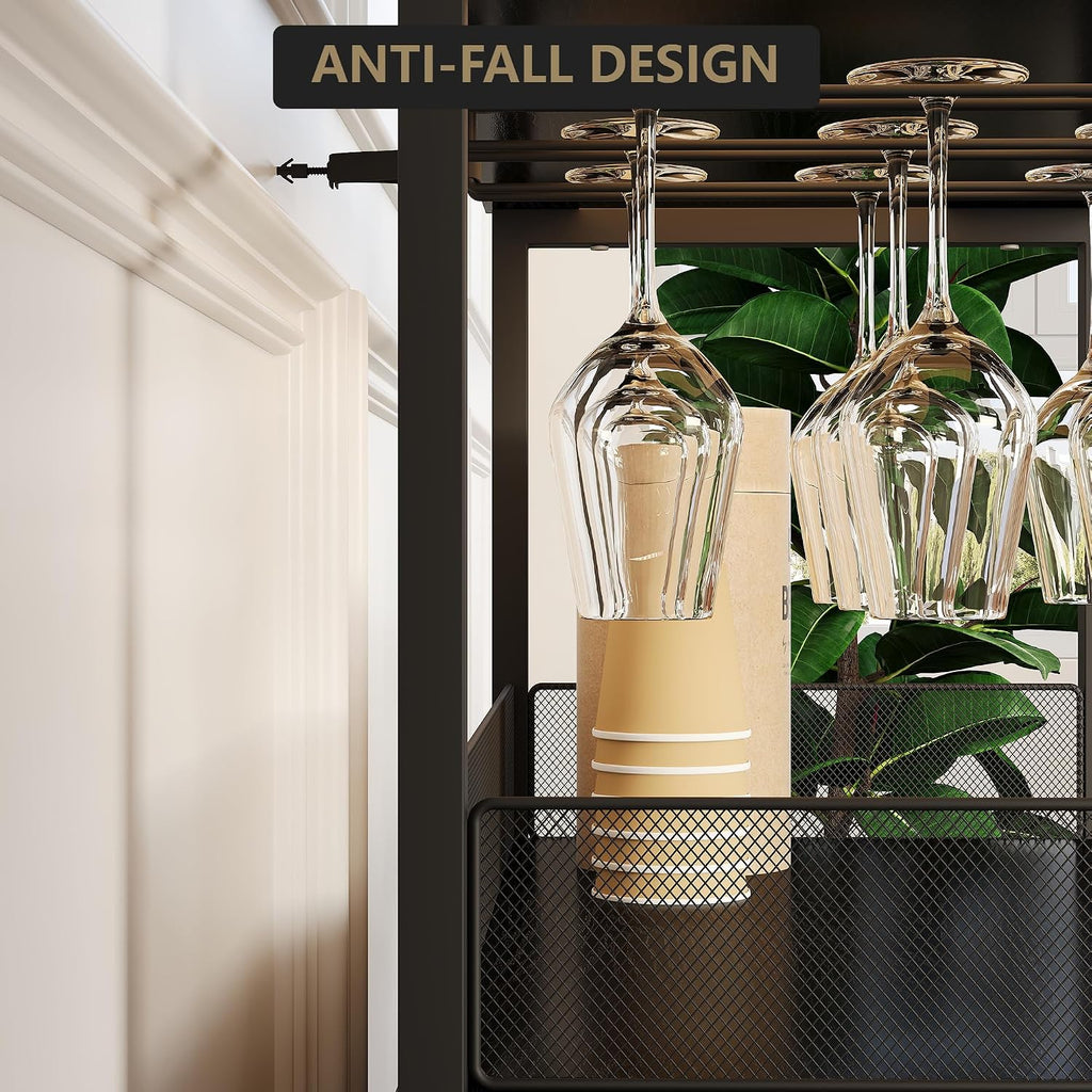 Wine Bar Cabinet with Wine Rack & Glass Holder, Wine Rack Table with Baffle Design, Adjustable Feet & Shelves | Armario de Vino con Repisa para Vinos, Soporte para Copas & Estantes Ajustables -Blk