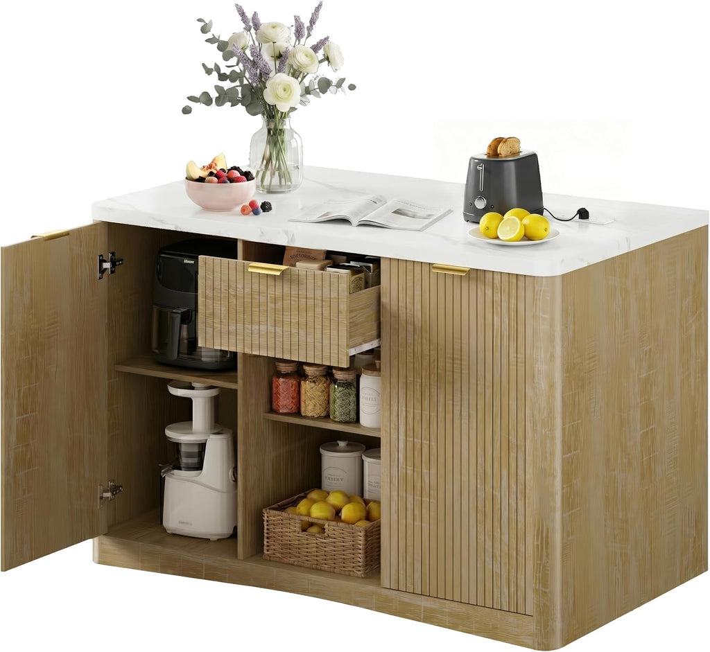 Kitchen Island Cart with Storage, 47.2"x31.5" Kitchen Island Marble Top Adjustable Shelf Rolling Storage Cart with Drawer Coffee Bar Cabinet with Power Outlet - Natural Wood