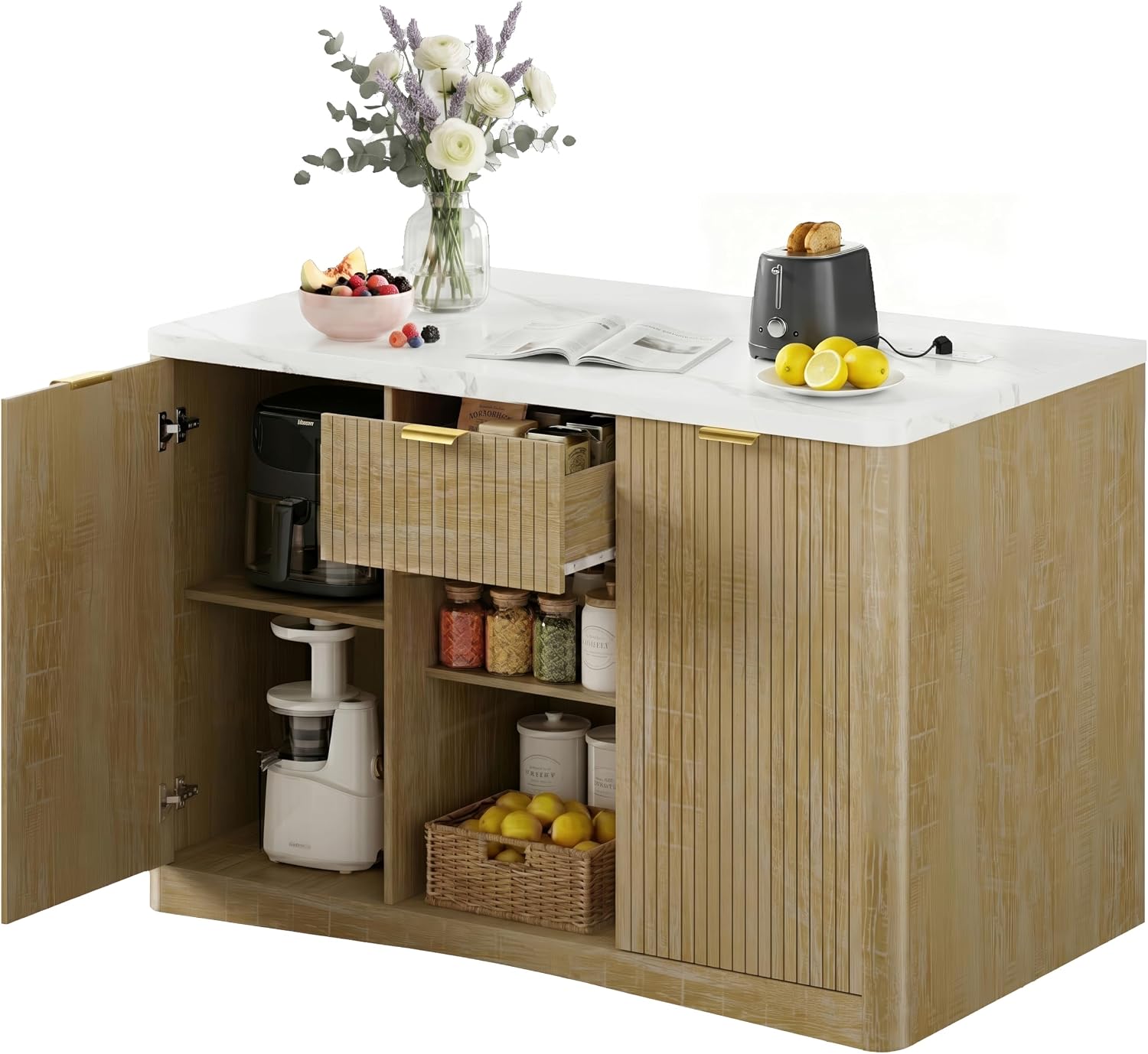 Kitchen Island Cart with Storage, 47.2"x31.5" Kitchen Island Marble Top Adjustable Shelf Rolling Storage Cart with Drawer Coffee Bar Cabinet with Power Outlet - Natural Wood