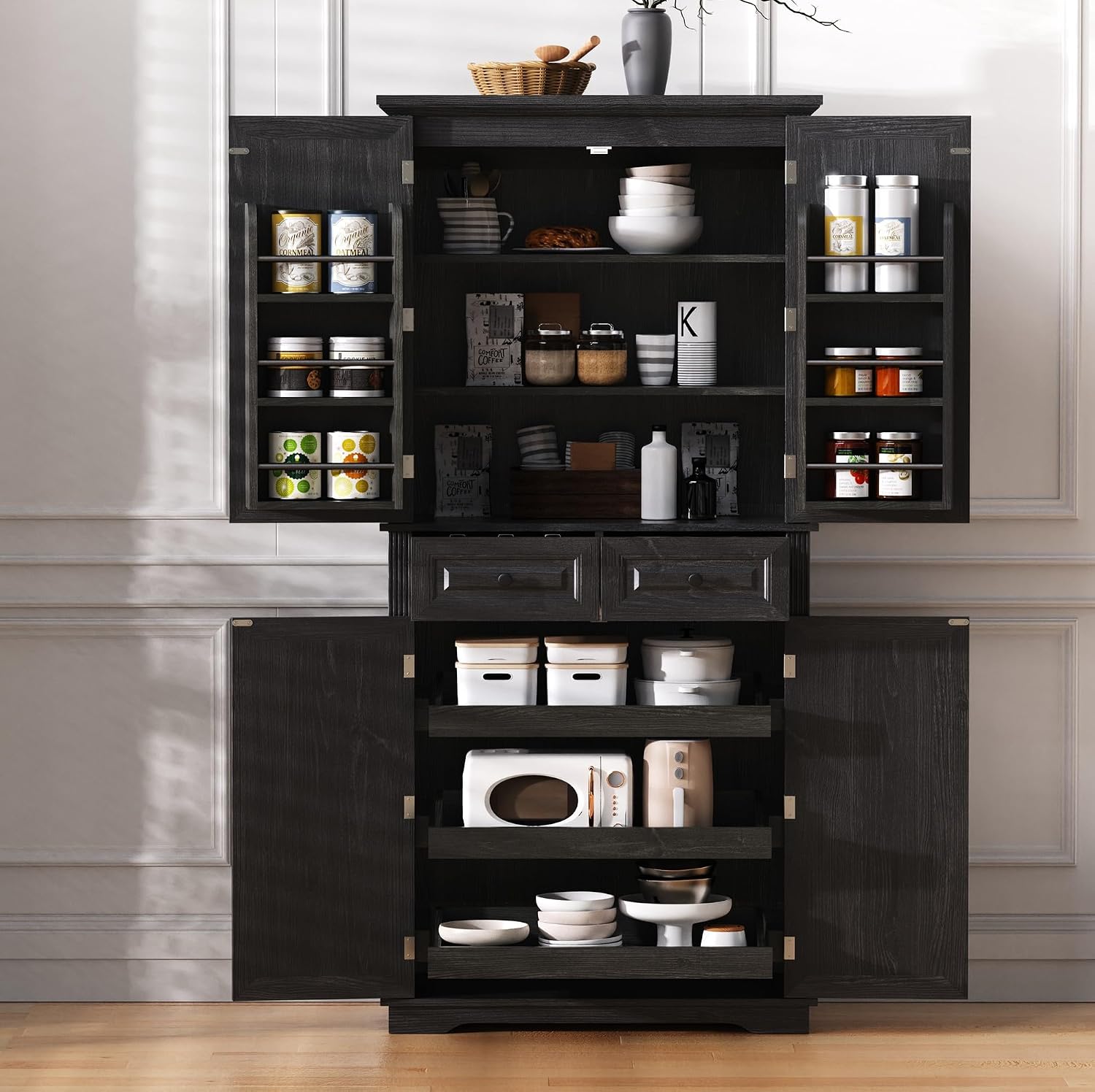 71" Tall Kitchen Pantry Cabinet with 3 Pull Out Organizers, Farmhouse Storage Cabinet with 6 Door Shelves,2 Drawers,Freestanding Cupboard for Kitchen Dining Room (Black-@01)