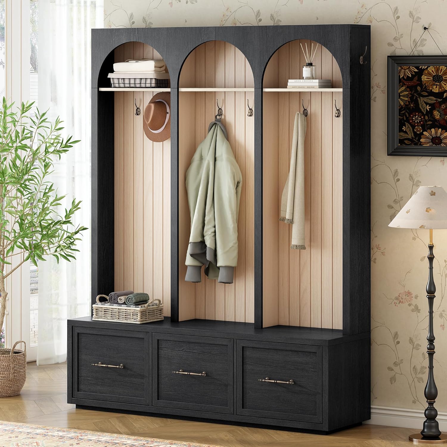 Merax Farmhouse Wood Hall Tree with 8 Hooks and Storage Shoe Bench, Arched Mudroom Versatile Coat Racks with 3 Drawers, Entrance Organizer for Hallway Black