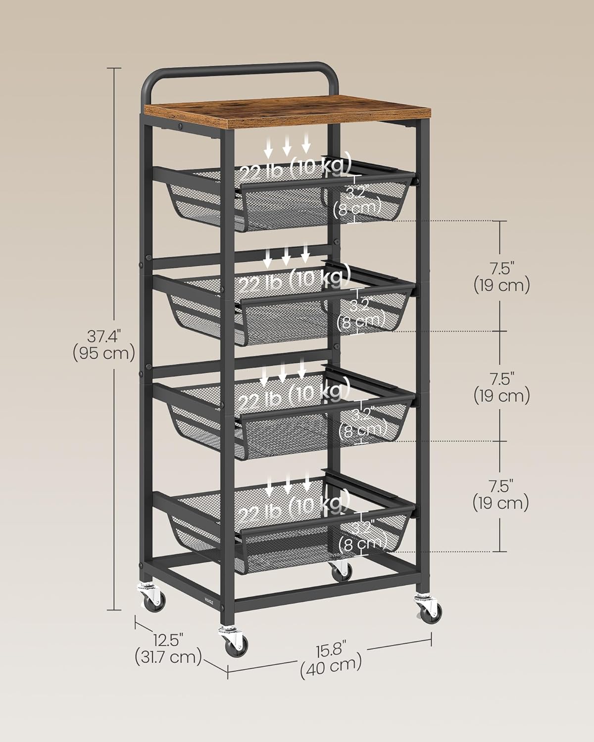 VASAGLE Storage Rolling Cart with Pull-Out Baskets, 5-Tier Utility Cart Orgnizer with Wheels for Laundry Room, Kitchen, Handle, 12.5 x 15.8 x 37.4 Inches, Rustic Brown and Ink Black ULRC041K01