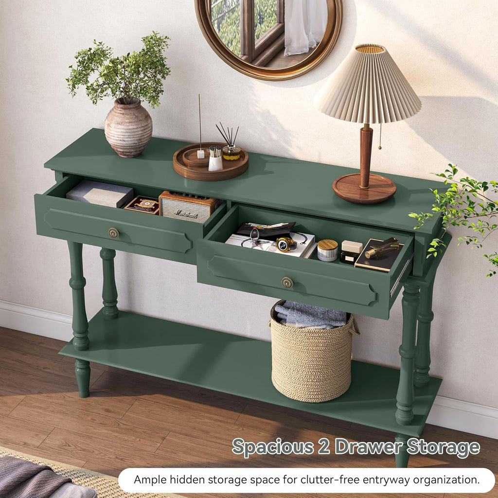 Console Table with 2 Drawers & Open Shelf, Green Retro Entryway Table with Storage Cabinets, Narrow Long Couch Table Behind Sofa for Living Room, Foyer, Hallway