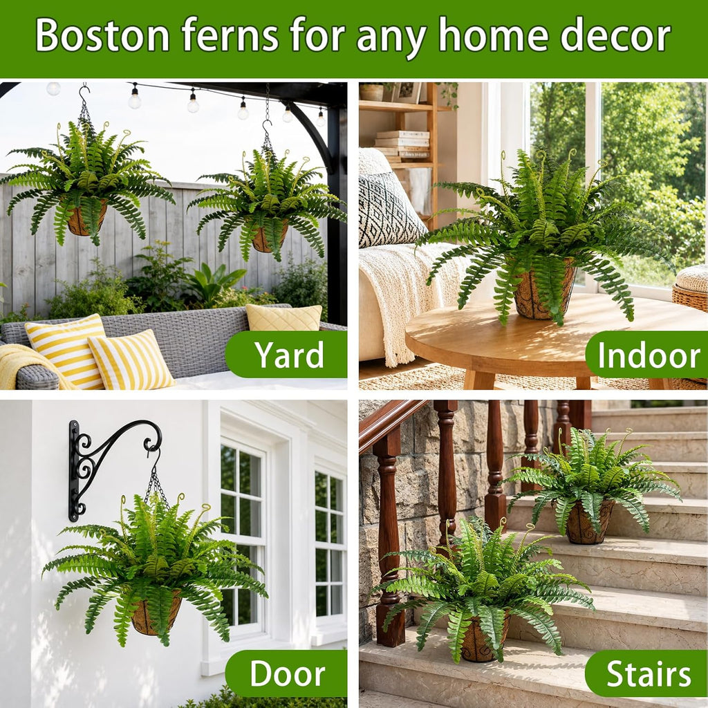 2 Set Artificial Hanging Ferns for Outdoors with Hanging Baskets, UV Resistant Artificial Outdoor Plants, Faux Ferns Outdoor Hanging Basket for Front Porch Garden