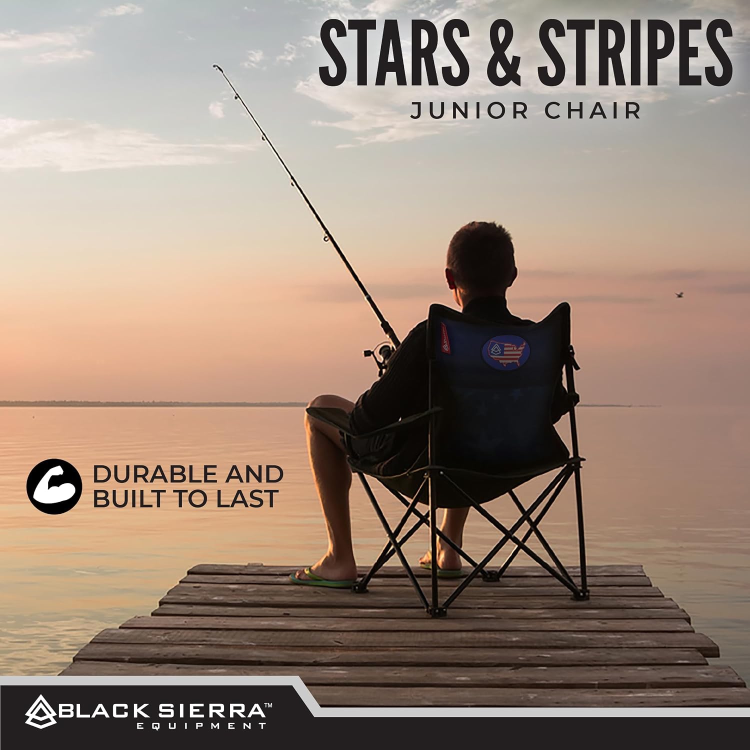 Black Sierra Kids Patriotic Camping Chair, Folding USA Flag Seat for Children, Supports 150 lbs, Portable Outdoor Chair with Carry Bag and Cupholder for Ages 3–10 for Beach, Sports, Travel, Backyard