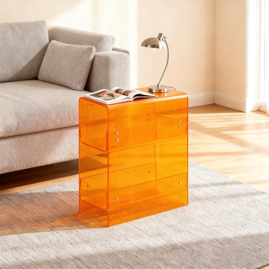 Modern Acrylic Side Table, 3-Tier Small Narrow End Table Slim Nightstand Bedside Table for Bedroom Living Room Bathroom (Orange)