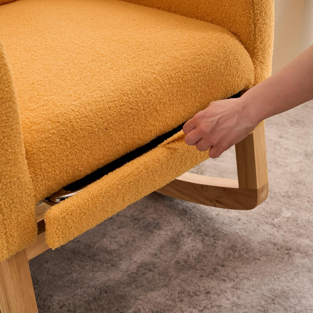 Rocking Chair, Nursery Rocker, Upholstered Accent Chair with Footrest, High Back Armchair for Living Room Bedroom, Yellow, Rubber Wood Legs, Side Pocket, 26.77D 38.36W 39.76H Inch