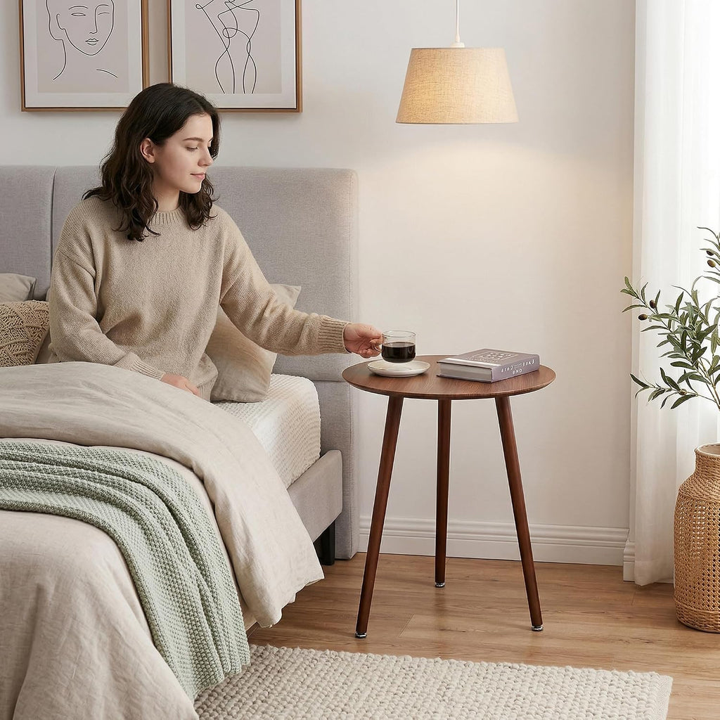 VECELO Round Side Table, Small End Table for Indoor Outdoor, Wooden Bedside Table with Non-Slip Foot Pads, 3-Legged Nightstand for Living Room Bedroom Bathroom, 20" x 20" x 23.8",Rustic Walnut