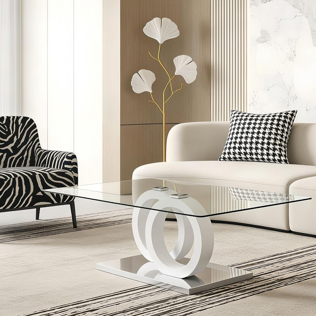 Glass Coffee Table for Living Room, White Modern Rectangular Center Table, 47” Living Room Table with Clear Tempered Glass Top with MDF OO Legs and Silver Metal Base (White, 47.2 inches)