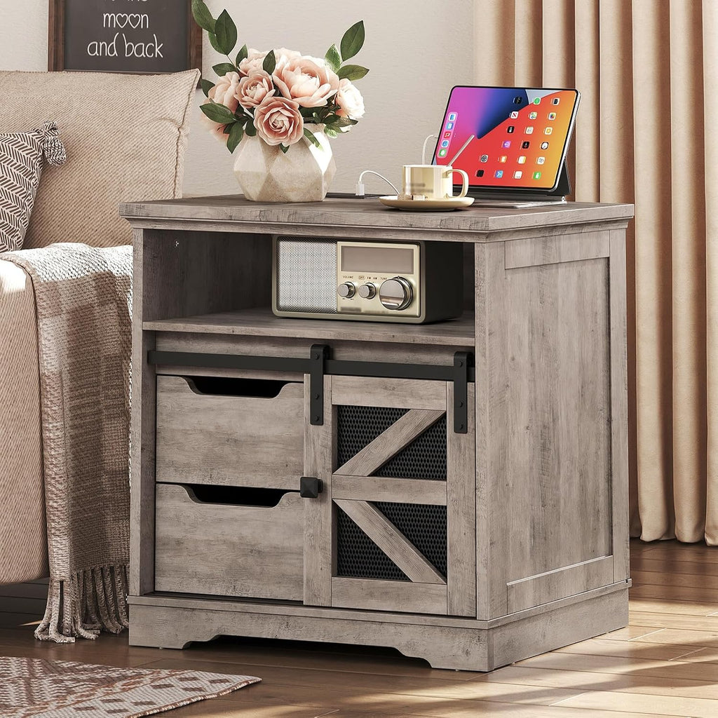 RALGEND Farmhouse End Table with Charging Station, Sofa Side Table with 2 Drawers and Barn Door, Rustic Wooden Nightstand Bedside Table for Bedroom, Living Room, Greige