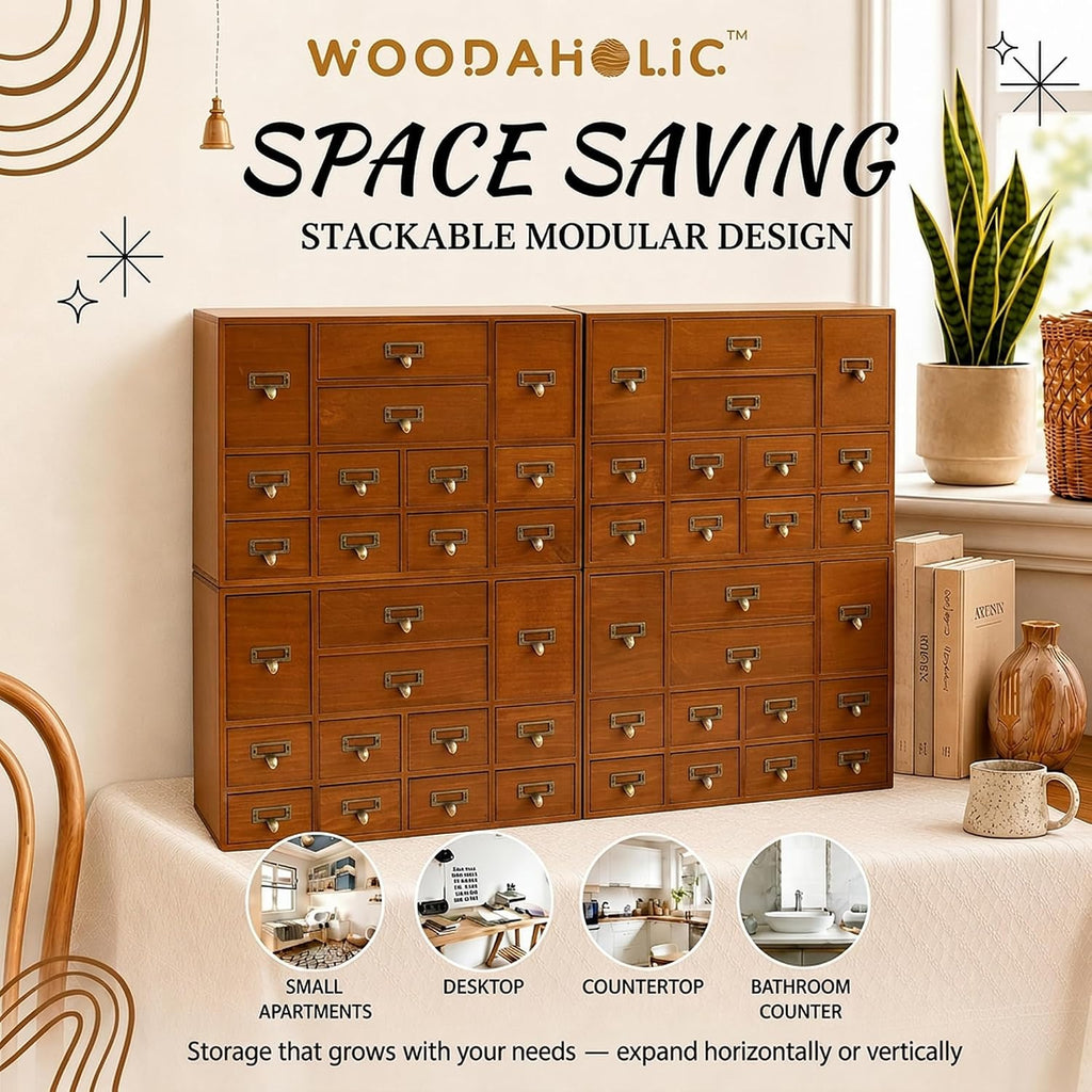 Modular Apothecary Cabinet with 48 Drawers I Stackable Library Card Catalog Organizer, Solid Wood Desktop Storage with Metal Label Holders for Makeup, Crafts, Oils, Tea & Office Supplies