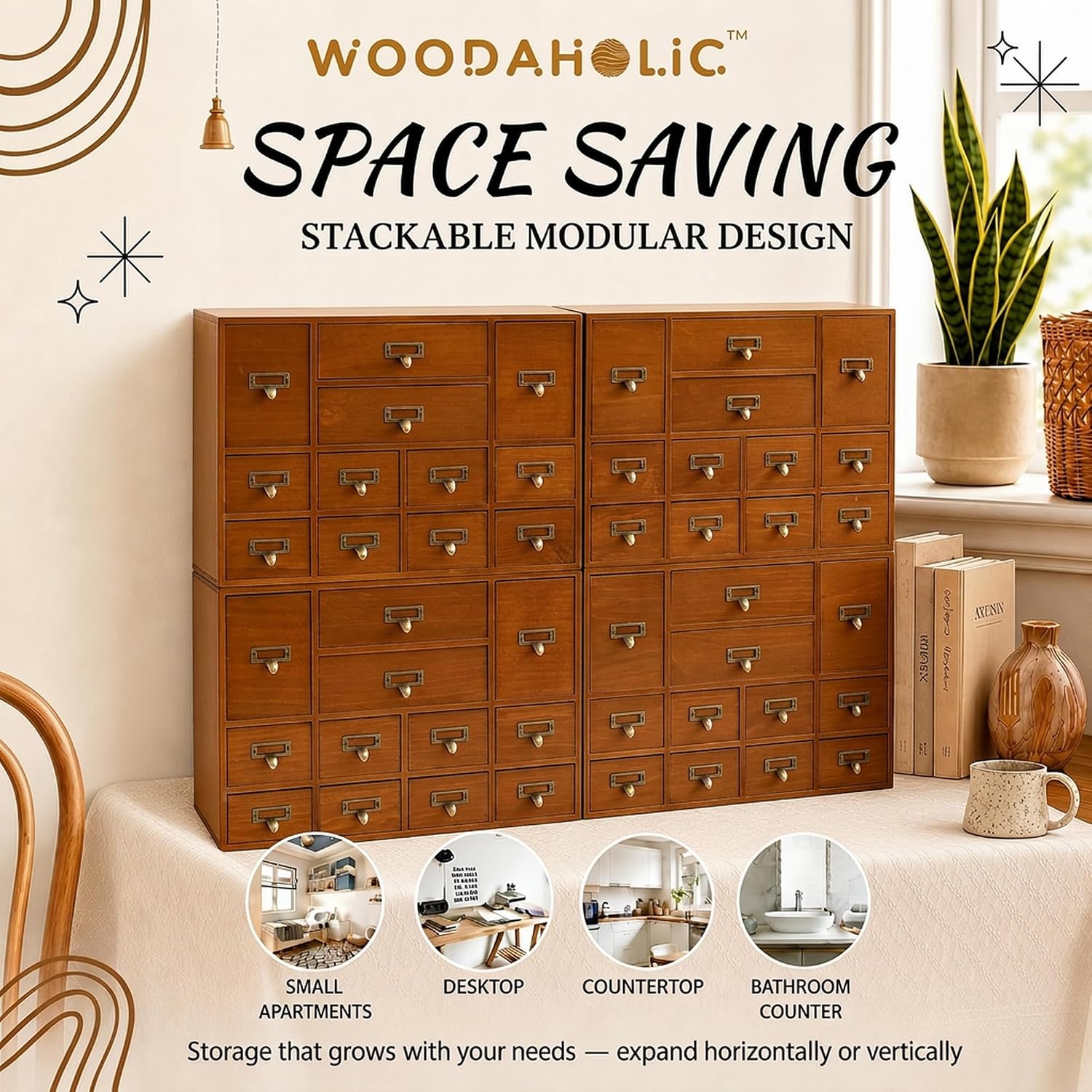 Modular Apothecary Cabinet with 48 Drawers I Stackable Library Card Catalog Organizer, Solid Wood Desktop Storage with Metal Label Holders for Makeup, Crafts, Oils, Tea & Office Supplies