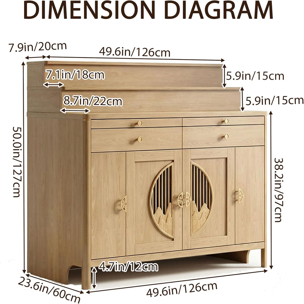 Solid Wood Frame Buddhist Altar Cabinet, Personal Shrine Altar Table with Storage Drawer, Chinese Cabinet Pedestal Offering Table Buddhist Prayer (Natural, 49.6" L * 23.6" W * 50" H in, Wood)
