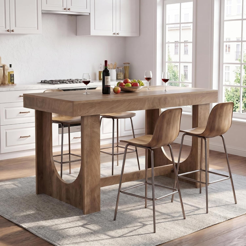 LITTLE TREE 63" Bar Table, Large Wood Home Bar Unit, Rectangular Dining Pub Table with Footrest for Home Kitchen, Dining Room, Living Room, Bistro, Brown