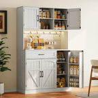 71” Tall Kitchen Pantry Cabinet with LED Light & Outlet & Drawer, Pantry Storage Cabinet with Microwave Shelf & 6 Hooks, Kitchen Hutch with Door Shelves & Adjustable Shelves, for Dining Room