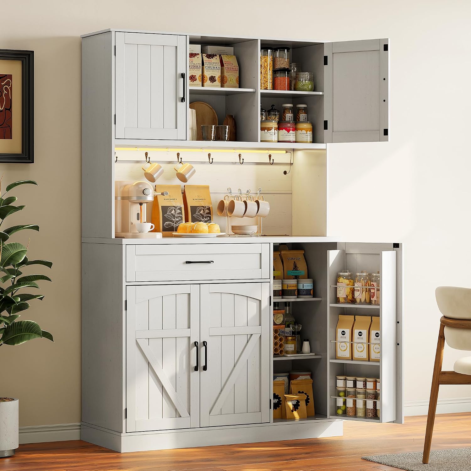 71” Tall Kitchen Pantry Cabinet with LED Light & Outlet & Drawer, Pantry Storage Cabinet with Microwave Shelf & 6 Hooks, Kitchen Hutch with Door Shelves & Adjustable Shelves, for Dining Room
