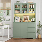 FINETONES 71" Kitchen Pantry Cabinet with LED Lights and Charging Station, Modern Kitchen Hutch Cabinets with Storage and Microwave Stand, Pantry Cabinet Buffet with Countertop, Green